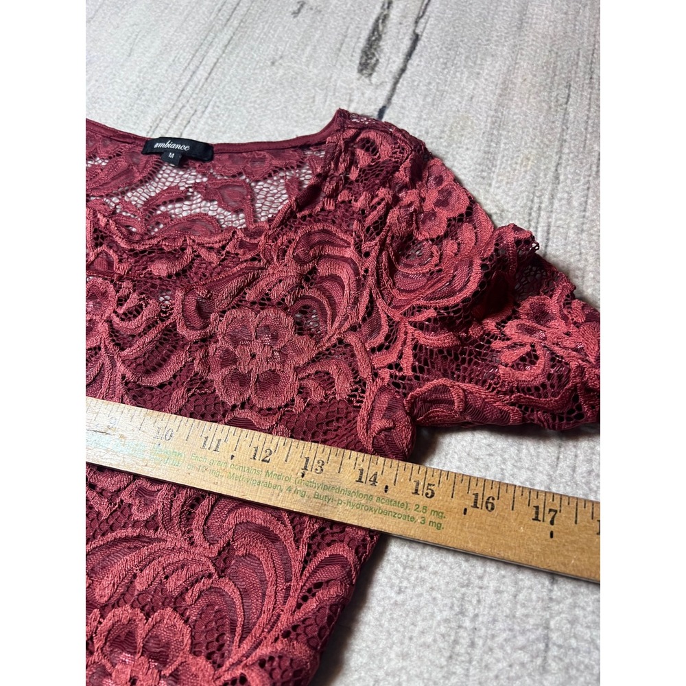 Ambiance Burgundy Floral Lace Long Sleeve Bodycon Sheath Dress 69148 Womens M - Picture 4 of 6